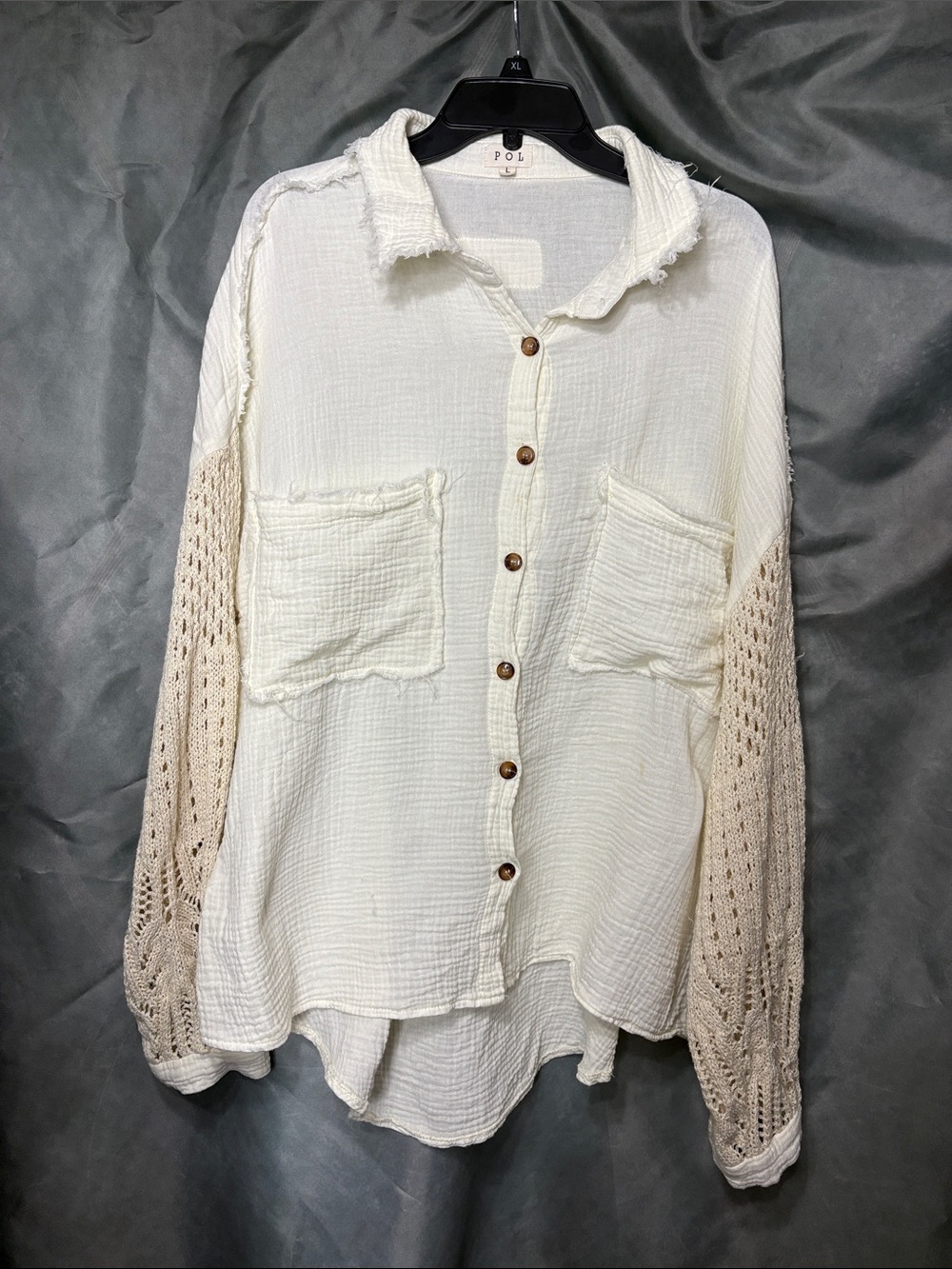 POL Cream Button-Front Mixed-Stitch Shirt with Beige Crochet Sleeves